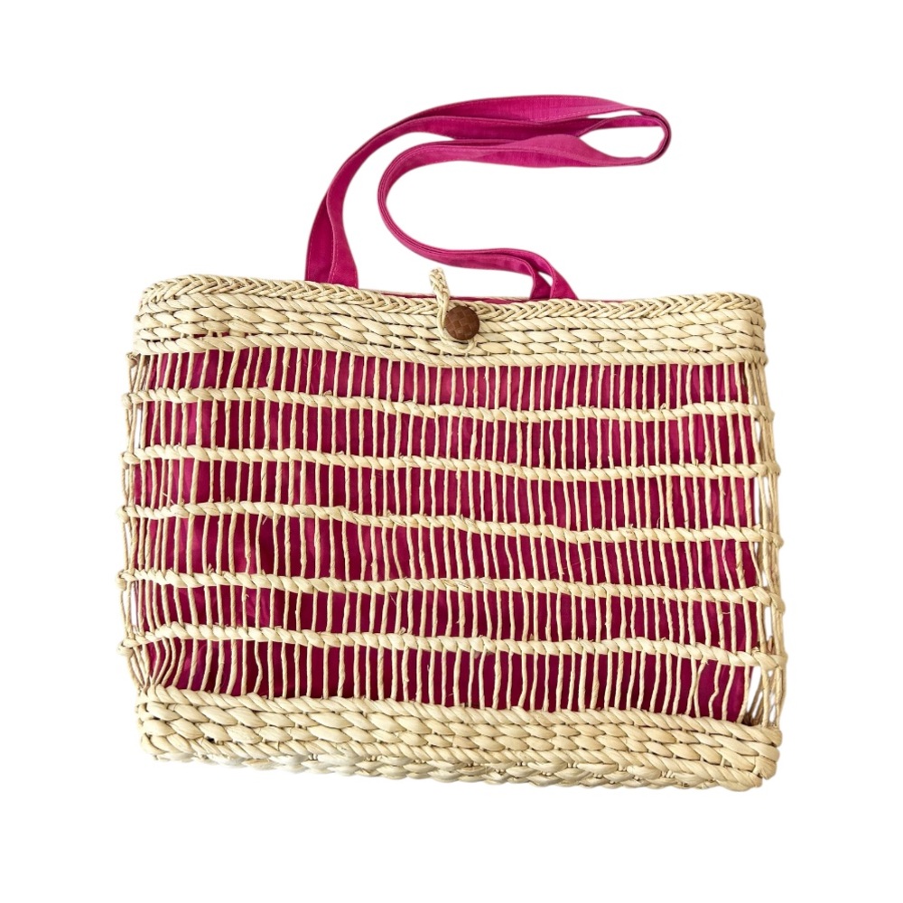 OBJECTIVES Pink and Tan Woven Tote Beach Bag